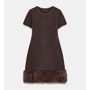 Zara Brown Short-Sleeve Mini Dress with Faux-Fur Hem